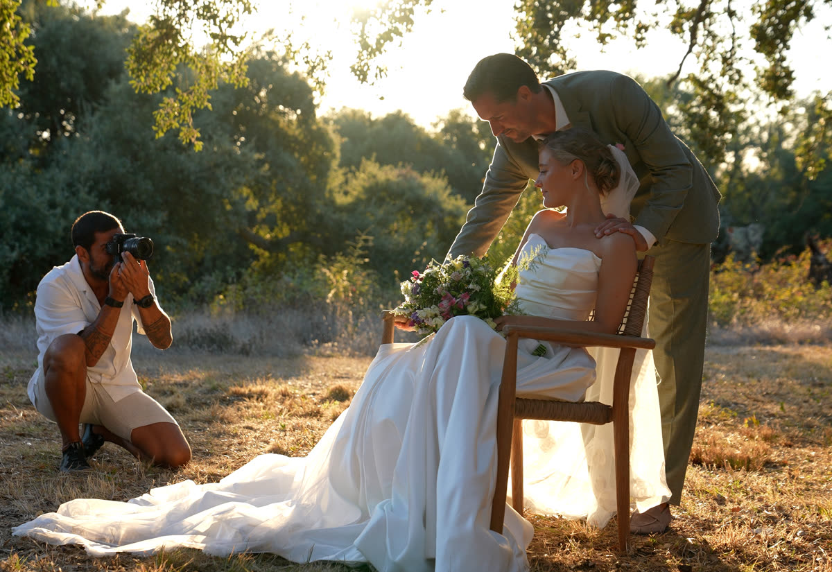 Filming a bride and groom in golden hour light